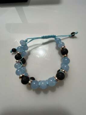 Natural Aquamarine & Black Onyx Beaded Double Row Macrame Bracelet